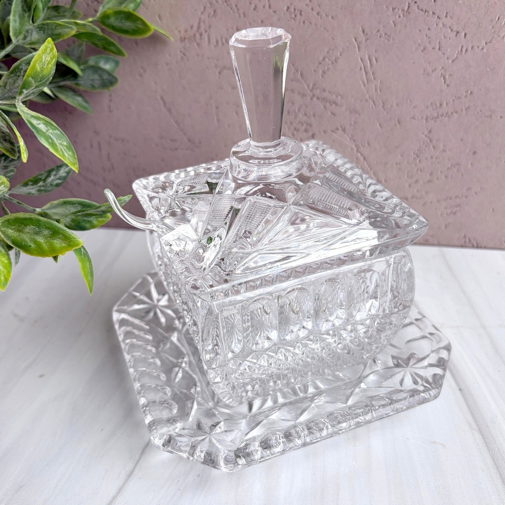 Vintage Brilliant Cut Crystal Jam Mustard Jar Set with Underplate and Spoon